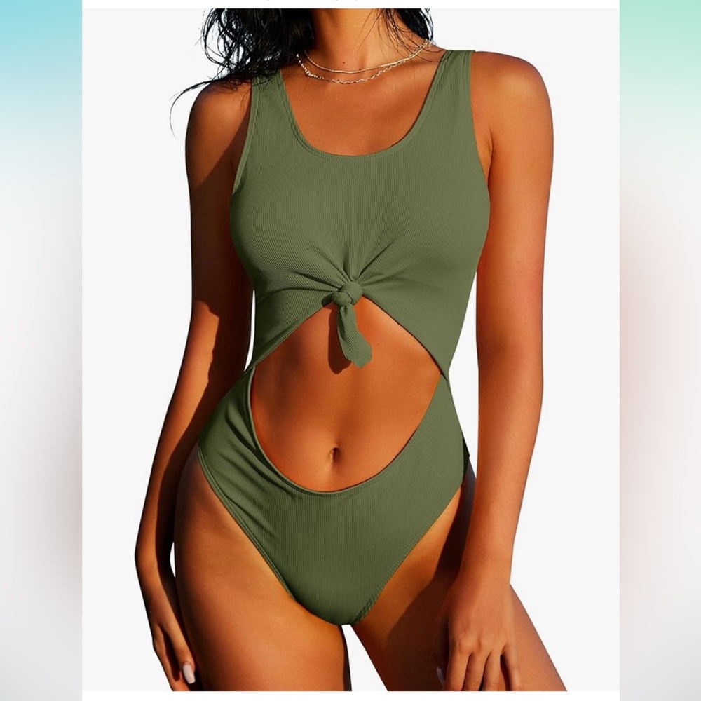 Olive Green Women's One Piece cut out tie Swimsuit
